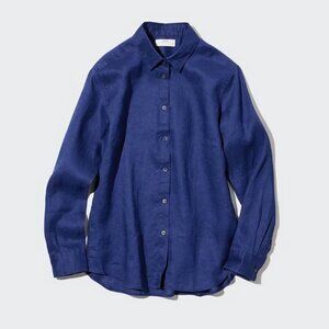 Uniqlo Womens 100% Linen Button Down Shirt Dark Blue Size L